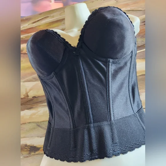50s BUSTIER Black Strapless Busty Plunge Lace Boned Union Tag Intimate Corset EV - Picture 3 of 16